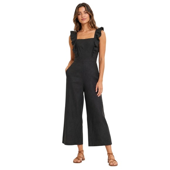 Dynamite Pants - Dynamite Linen Blend Romper Frill Strap Wide Leg Jumpsuit Jet Black Large NWT